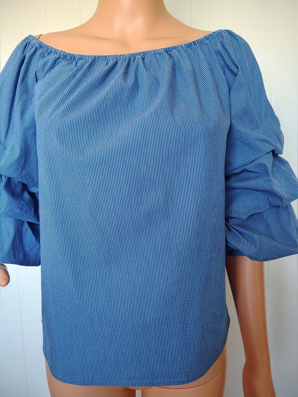 Zara Blue Striped Off-Shoulder Puff Sleeve Top Size S.